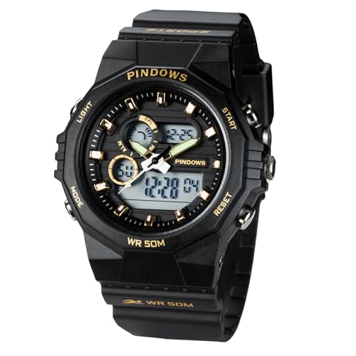 PINDOWS女性用腕時計、50M防水仕様、アウトドア向けデジタルスポーツウォッチ、多機能、LEDバックライト、カレンダー、アラーム付き腕時計、ストップウォッチ